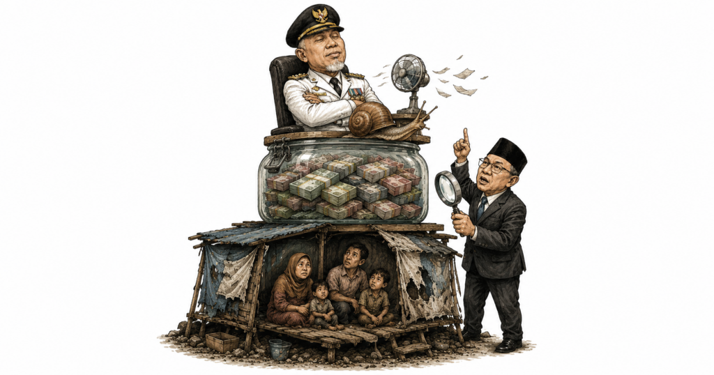 Ilustrasi mandeknya serapan TKD Sumbar untuk pemulihan pascabencana akibat lambatnya eksekusi birokrasi daerah. (Foto: Isti).