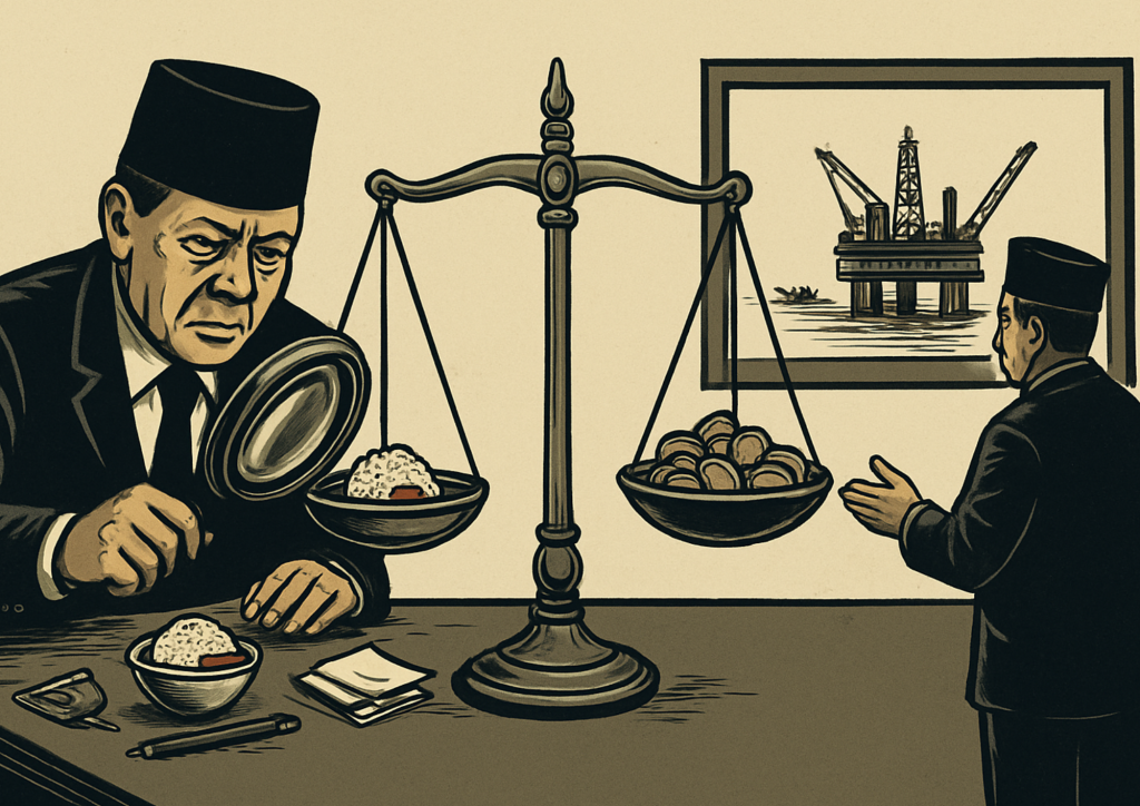 Ilustrasi perhitungan uang rakyat: pria memegang neraca timbangan dengan koin emas dan latar belakang kapal tangker serta pabrik.