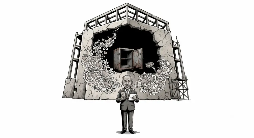 Ilustrasi brankas kosong di tengah struktur bangunan yang runtuh ini menjadi metafora atas analisis naskah mengenai program-program Kepala BKN yang diakui berjalan tanpa dukungan anggaran memadai. (Sumber Foto: Gemini AI)