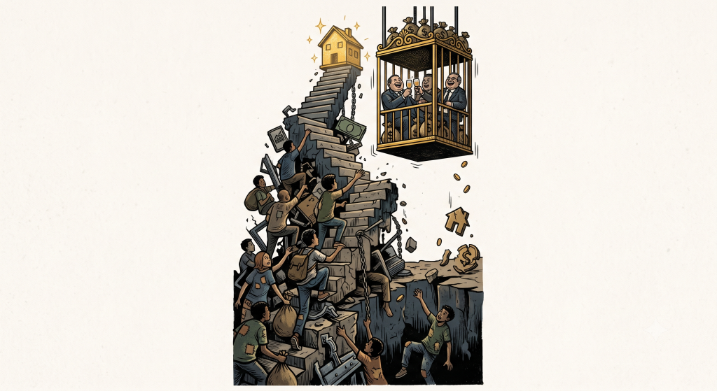 Ilustrasi mitos ownership economy bagi generasi muda dan realitas ketimpangan struktur modal di Indonesia.
