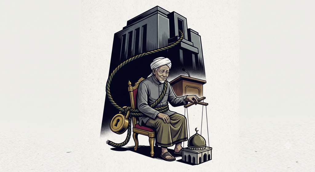 Ulama dan Kekuasaan Pasca Munas 2026: Patuh Istana, Iman Tergadai Ilustrasi editorial timbangan keadilan di atas buku keagamaan yang menggambarkan dinamika ulama dan kekuasaan.