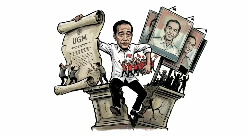 Ilustrasi tiga front manuver politik dalam upaya pemulihan legitimasi Jokowi pasca-lengser.(Foto: Gemini AI)