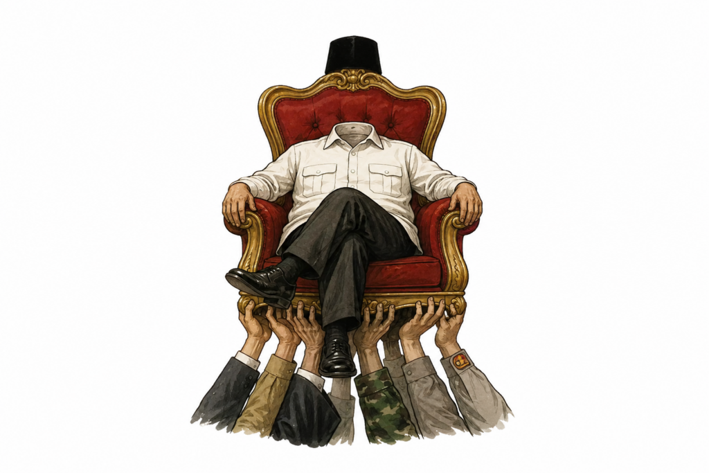 Ilustrasi penguasa berpeci duduk di singgasana mewah, merepresentasikan pemusatan kekuasaan ketika demokrasi runtuh melalui jalur legal.