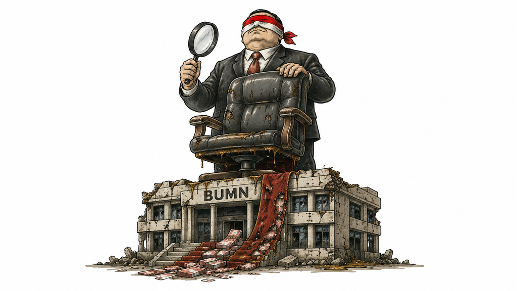 Ilustrasi karikatur pengawas aset negara dengan mata tertutup memegang kaca pembesar di atas reruntuhan gedung BUMN.