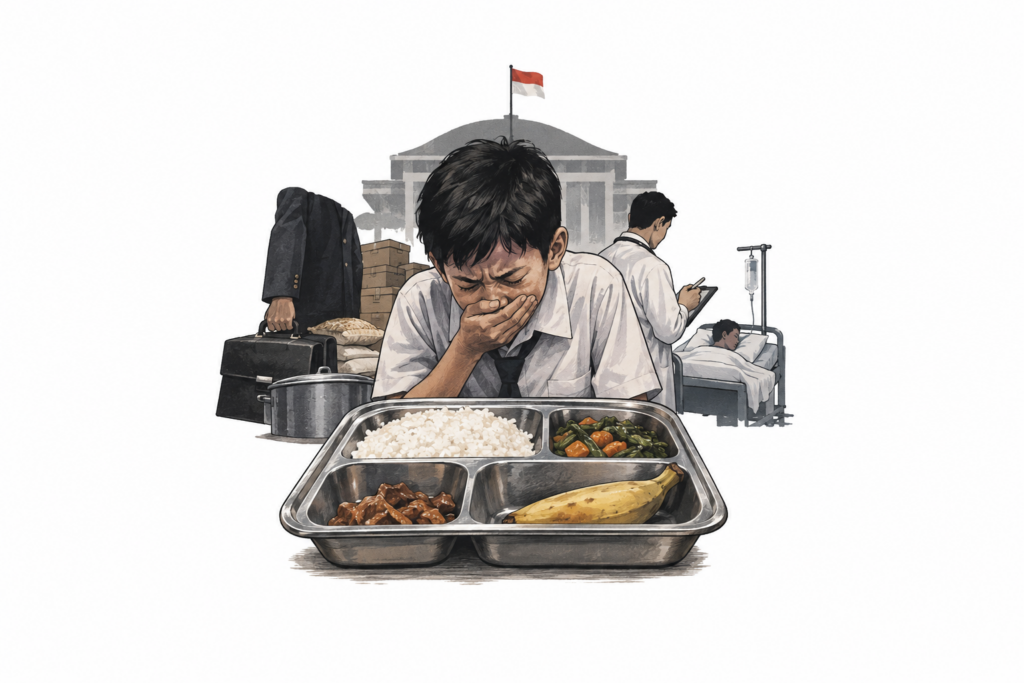 Ilustrasi seorang siswa mual di depan nampan Makan Bergizi Gratis, dengan latar belakang gedung pemerintah Indonesia dan pasien rumah sakit.
