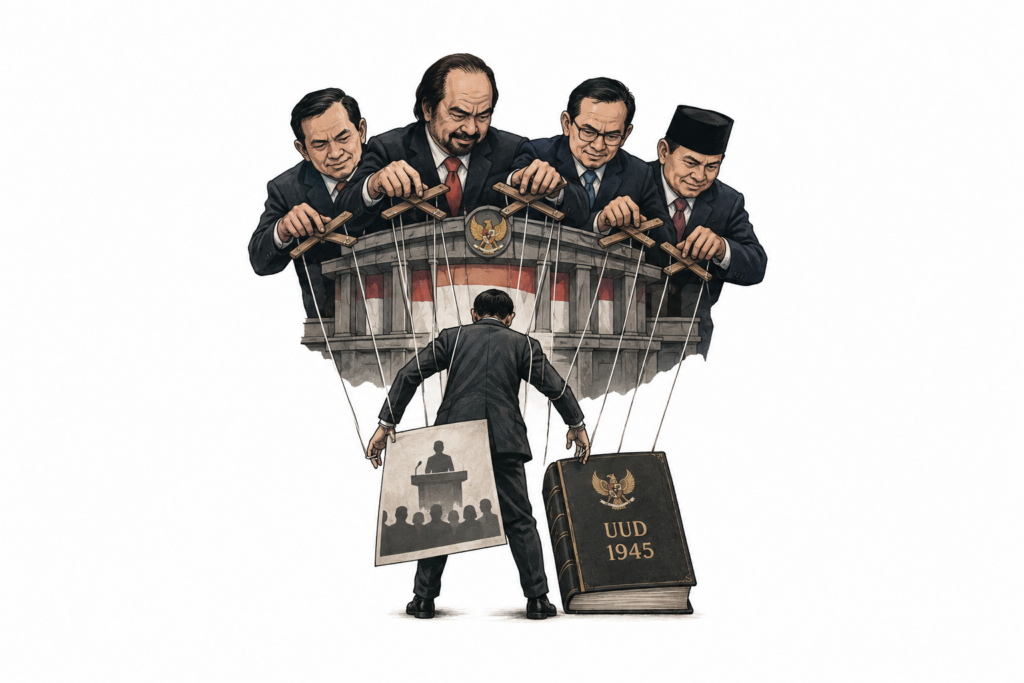 Ilustrasi elite politik mengendalikan konstitusi UUD 1945 layaknya dalang, sebagai representasi kritik atas wacana dua fraksi di parlemen.