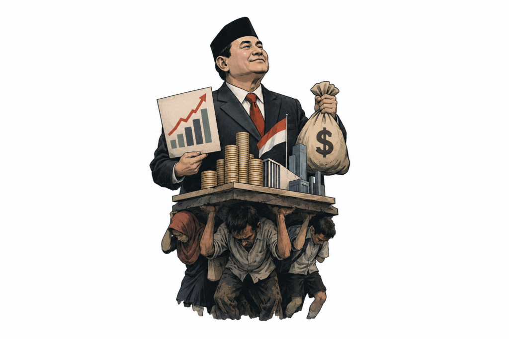 Karikatur pejabat memamerkan grafik pertumbuhan ekonomi di atas beban penderitaan rakyat.