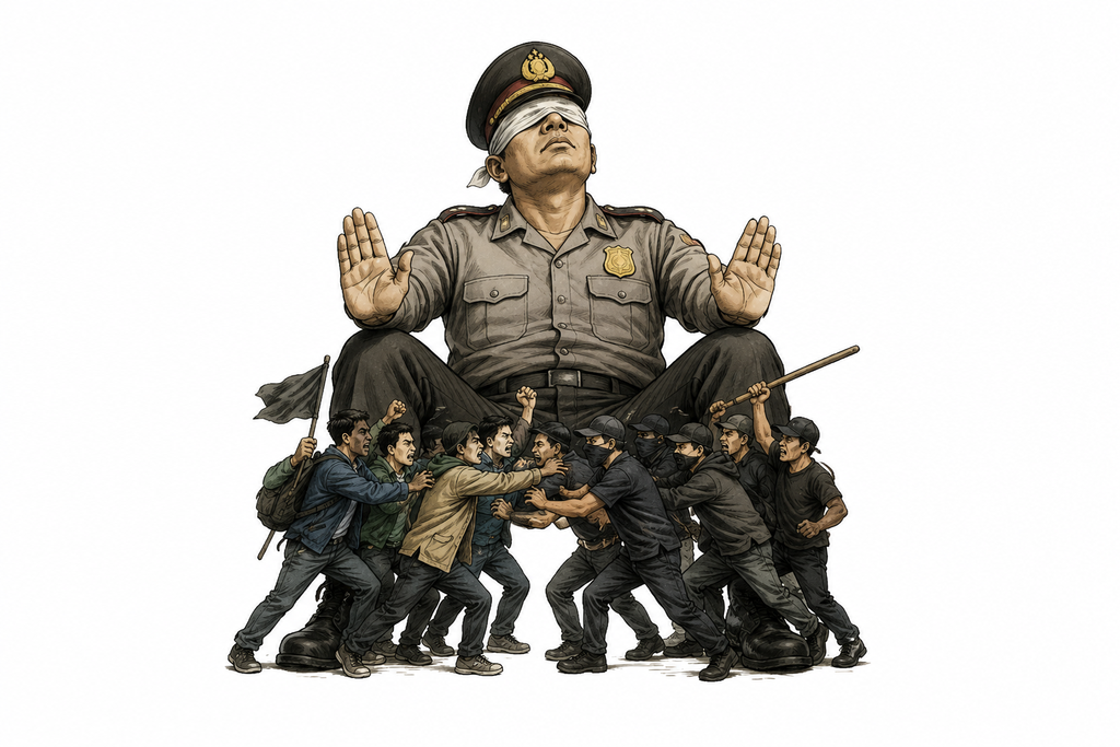 Ilustrasi aparat kepolisian bermata tertutup yang duduk diam membiarkan benturan fisik antara demonstran mahasiswa dan milisi sipil di bawah kakinya.