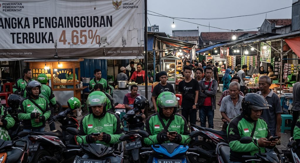 Foto kerumunan pengemudi ojek daring di depan spanduk besar yang mencantumkan statistik "Angka Pengangguran Terbuka 4.65%," mengilustrasikan kontradiksi data dalam kebijakan ketenagakerjaan Indonesia.